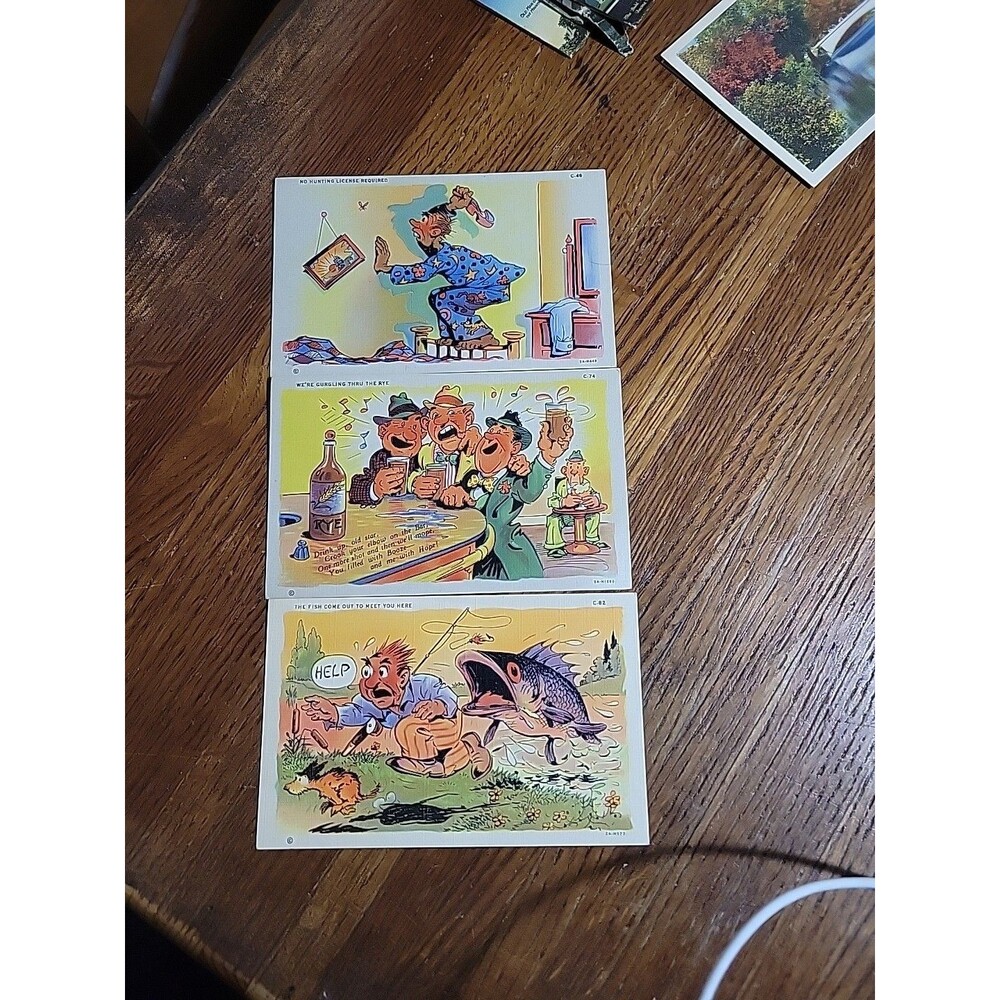 Postcard Lot: 3 C.T. Comics Curteich Linen Fish Fly Camping Bar Booze Humor Vtg